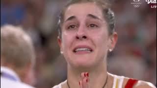  Carolina Marin crying & retiring with knee injury v He Bingjiao in women's singles Paris Olympic!