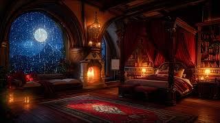 Deep Sleep in a Cozy and Warm Castle Bedroom - Rain, Fireplace and Thunderstorm Sounds for 12 Hours