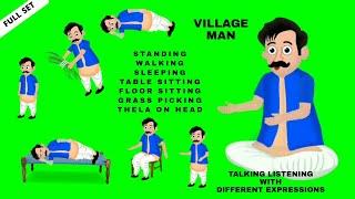 green screen village man all poses | full vector set with all expression and talk listen mouth