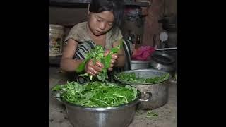 poor family poor kids poor life.  mountain girl helps mom Cooking Green Vegetables daily building