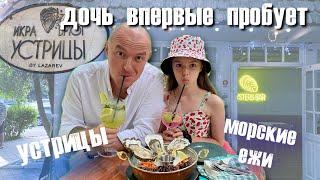 ДОЧЬ ВПЕРВЫЕ ПРОБУЕТ УСТРИЦЫ И МОРСКИХ ЕЖЕЙ #устрицы #морскойёж #фудблогер #морепродукты #сочи