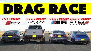 Bloodbath! 2024 Mercedes GT63S E vs. Tuned BMW M5 vs. Tuned Ram TRX vs. Audi RS7: Drag and Roll Race