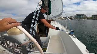 First sail on Saravá, in the Oakland estuary, San Francisco Bay.