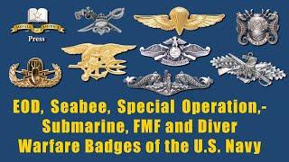 Navy Special Operations Badges for Seals, Submarine, Diver, Parachute, Seabees, EOD, and FMF badges.