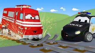 Car Patrol -  Troy the TRAIN Can't Drive on BROKEN Rails!  - Car City ! Police Cars and fire Truc...