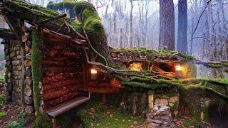 Bushcraft SURVIVAL Shelter. Building a Natural Dugout inside Big Tree. Camping in the Wilderness