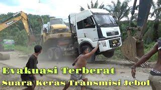 Kesulitan Evakuasi Truk Trailer Muatan Buaya Tambang yang Temundur Transmisi Sampai Jebol