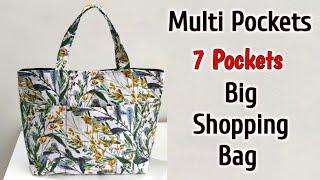 DIY 7 POCKETS SHOPPING BAG TUTORIAL | Multi pocket bag | Shopping bag making at home | DIY Tote bag