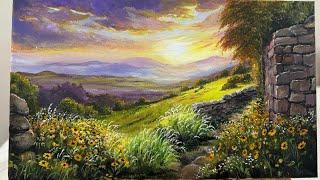 Sunset -over -a peaceful -meadow || Step-by-Step Acrylic Painting