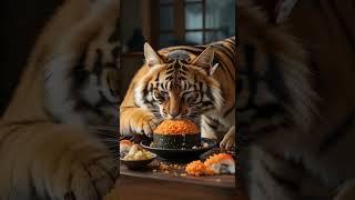 Cat challenges tiger in a sushi eating contest 