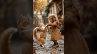 Happy cute cat cute dog with haply kid #happy #dance #kids #cute ##love #winter #nature #cozy