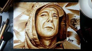 (커피로 그린 극사실 그림) 글래스 브루스윌리스 Glass Bruce Willis Coffee Painting