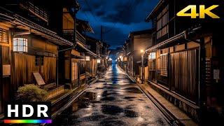 Late night rain walk in old Japanese town // 4K HDR