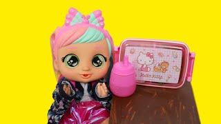 Cry babies doll Bella packing lunchbox and backpack for school