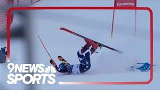 Mikaela Shiffrin reacts to ski racing crash