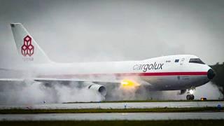 Boeing 747-400F REVERSE THRUST on WET RUNWAY | ELLX/LUX Planespotting