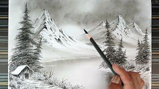 Real time pencil drawing of a winter landscape in Bob ross's style.