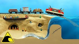 Train Crashes from Bridge into Flooded Canyon - Tsunami Dam Breach Experiment - Lego Train Disaster