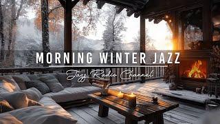 Morning Winter Coffee Porch Ambience with Warm Jazz Music, Gentle Snowfalling & Crackling Fireplace