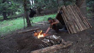 BUSHCRAFT IN THE WILDERNESS OVERNIGHT ON THE MOUNTAIN PRIMITIVE WOOD SHELTER BULDING & COOKING