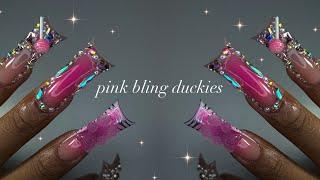 Pink Bling Duckies| duck nail acrylic application + extravagant nail art!