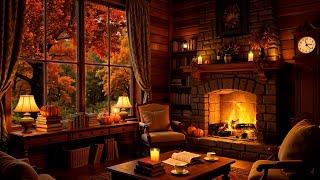 Smooth Jazz Music & Fireplace Sounds in Cozy Autumn Cabin Ambience  Relaxing Jazz to Work, Study