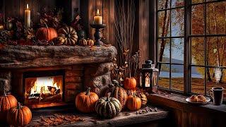 FALL COZY FIREPLACE AMBIENCE-AUTUMN FALLING LEAVES-CRACKLING FIREPLACE-PUMPKINS-FLICKERING CANDLES