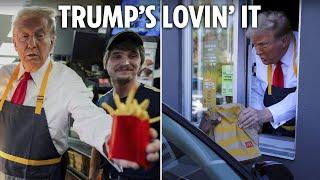 Donald Trump works at McDonald’s as he dons apron & makes French fries on MAGA campaign trail