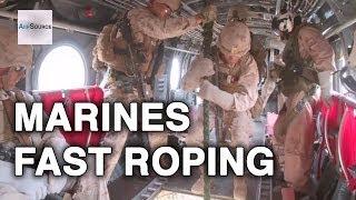 Marines Fast Roping From CH-46 Sea Knight Helicopters